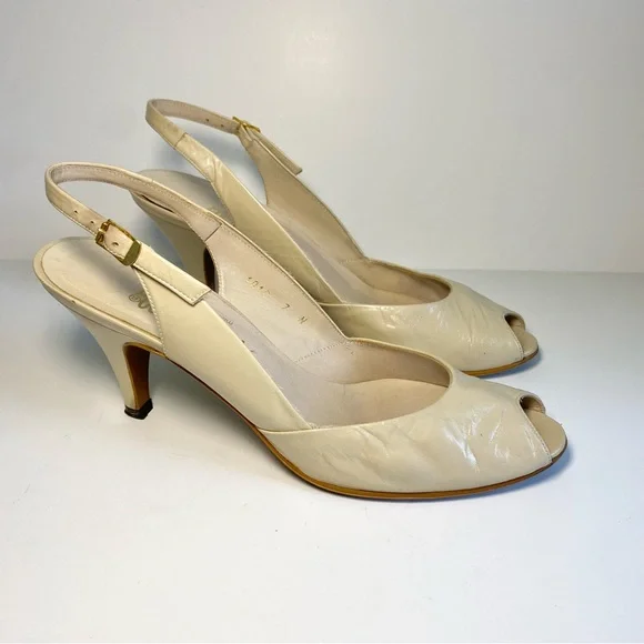 Vintage‎ Pappagallo Nude/Cream Leather Sling-back High Heel Pumps Peep-toe 7 N - Picture 2 of 8